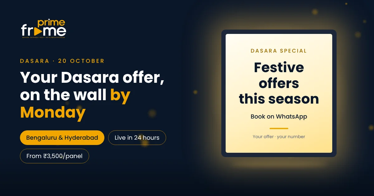 Backlit LED panel ad with a Dasara festive offer, glowing on a gym wall in Bengaluru